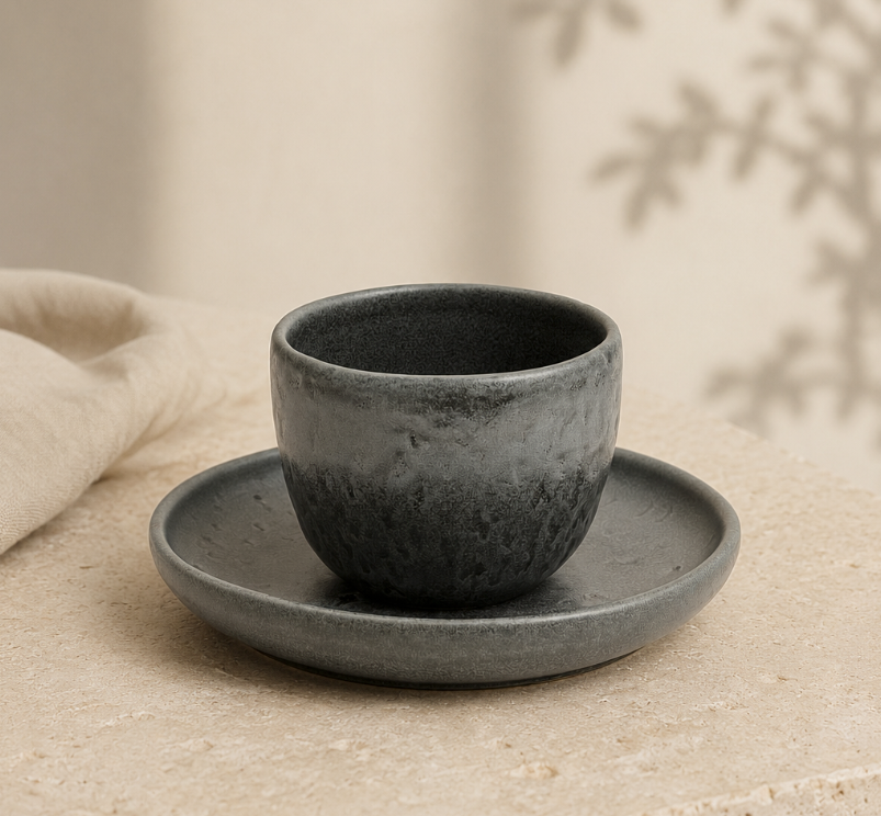Handgemachte Tasse auf einem Keramikteller